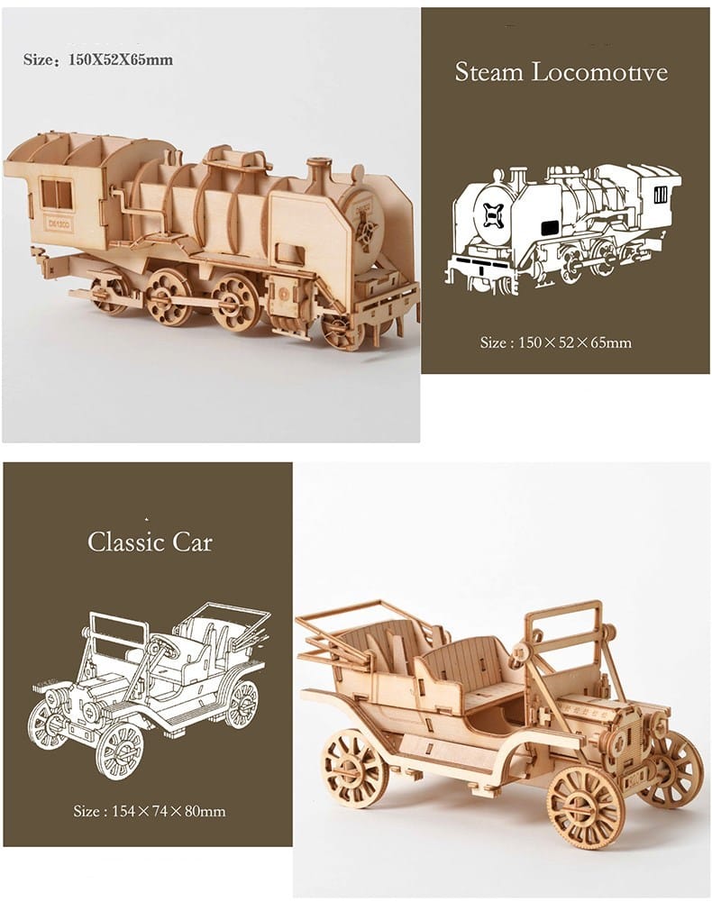 Wooden 3D Model Kit – Biplane, Car, Piano, Sailboat & Train - Image 4