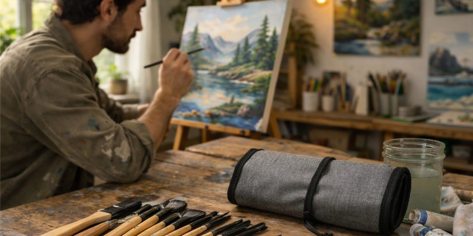 Paintbrushes laid out on a wooden table beside a folded grey storage case while a male artist paints on a canvas in a studio setting