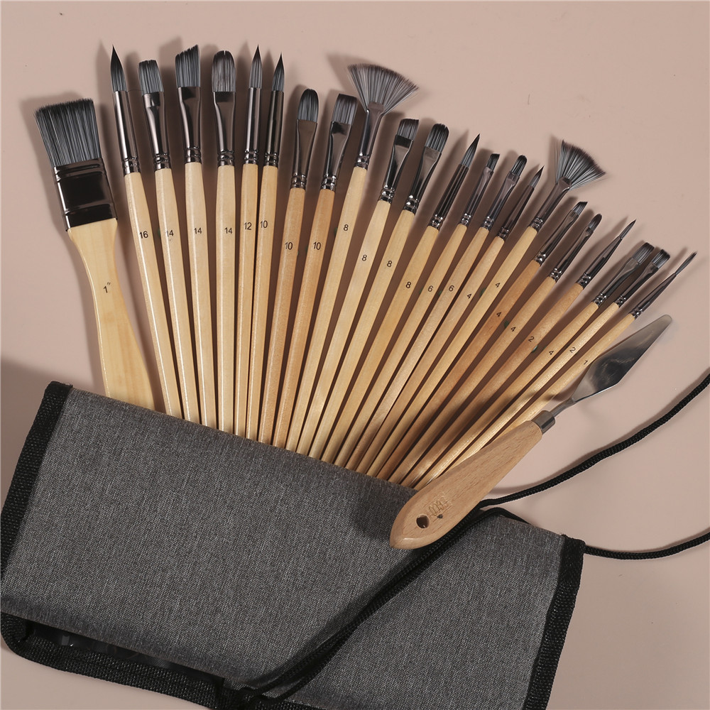 Paintbrush storage case with brushes and palette knives in slots