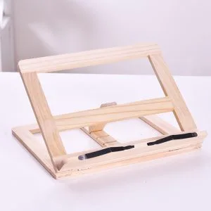 Wooden book easel with iron clamp detail close-up