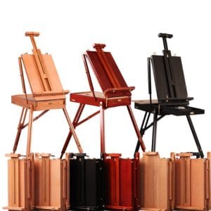 Wooden sketch easel showing adjustable mast and leg positions