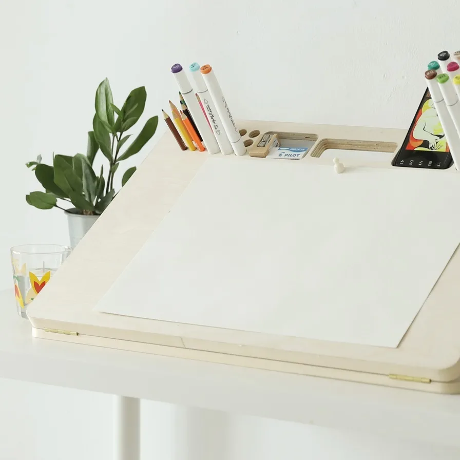 Adjustable drawing board wooden desktop easel on white background
