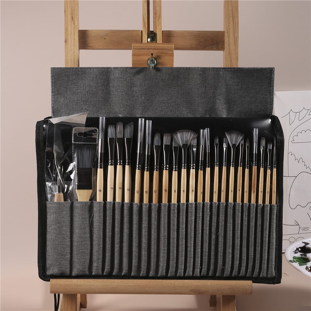 Paintbrush storage case with all 24 brushes inserted in slots