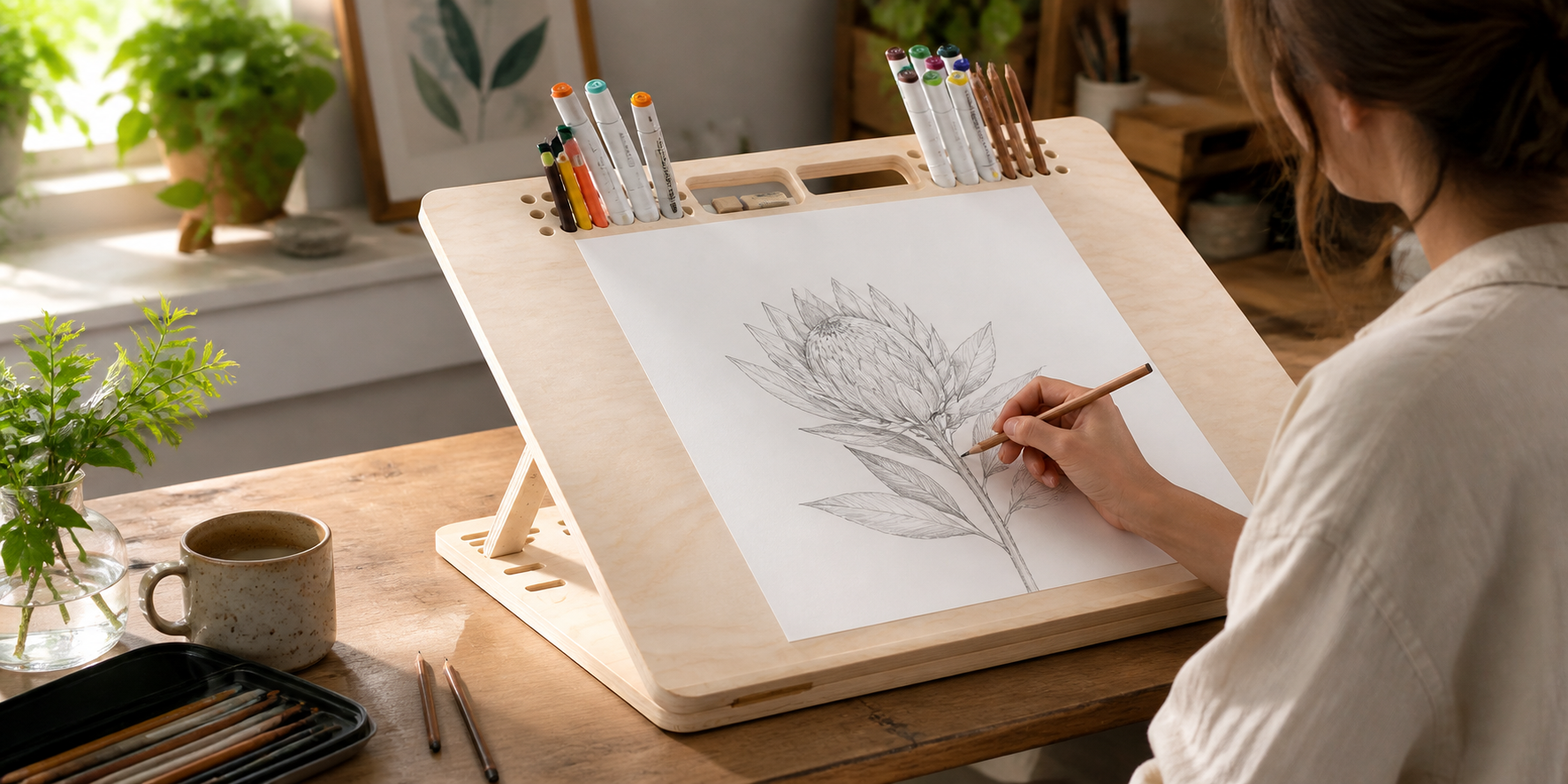 Adjustable wooden drawing board easel on a desk with an artist sketching a detailed pencil drawing in a bright studio setting