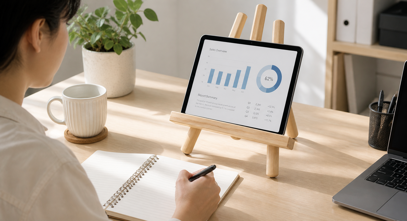 Wooden tablet stand holding a tablet on a desk with a person taking notes in a modern office workspace
