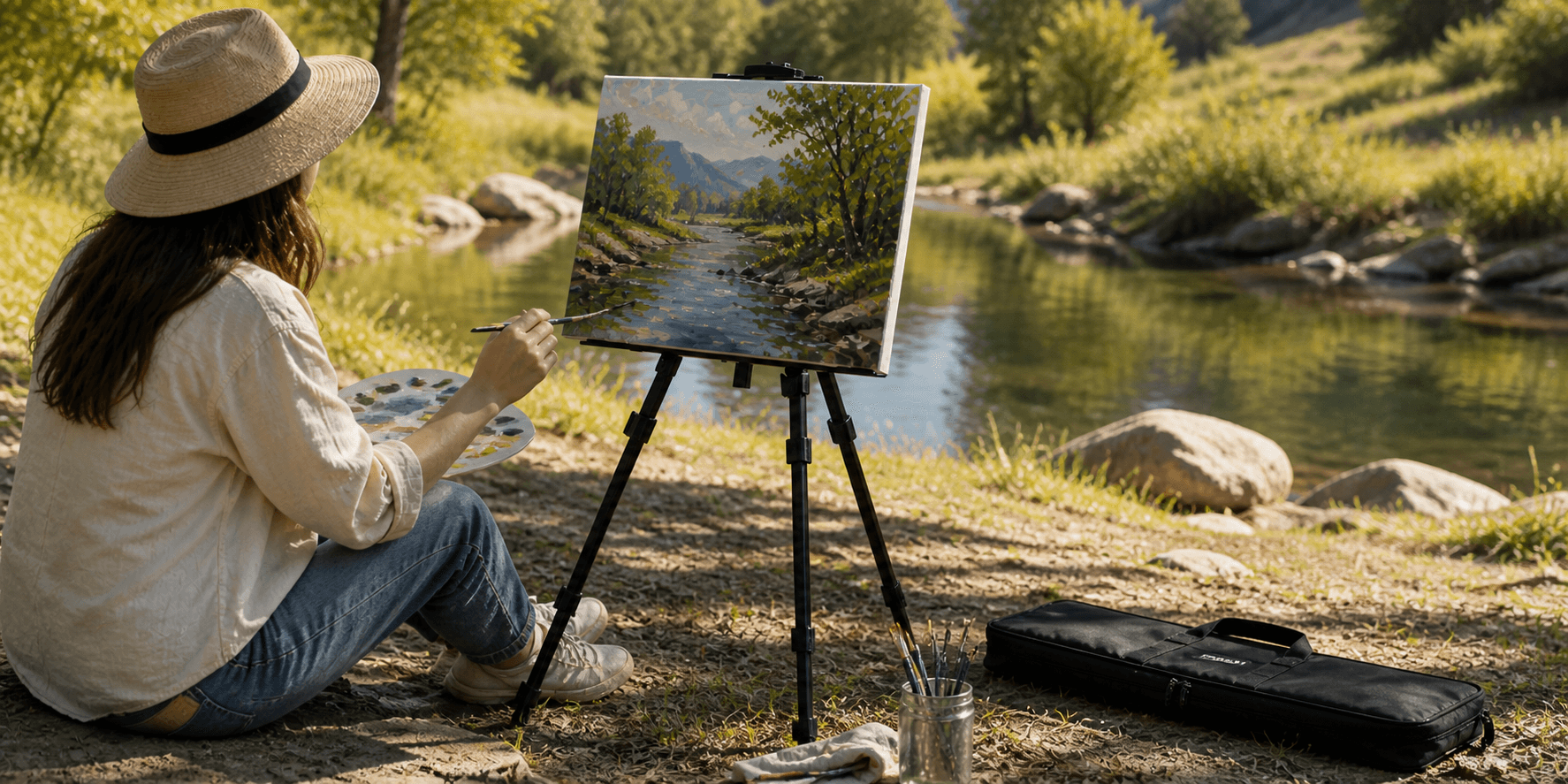 Portable folding metal easel set up outdoors by a river with an artist painting on canvas and carrying case placed flat on the ground nearby