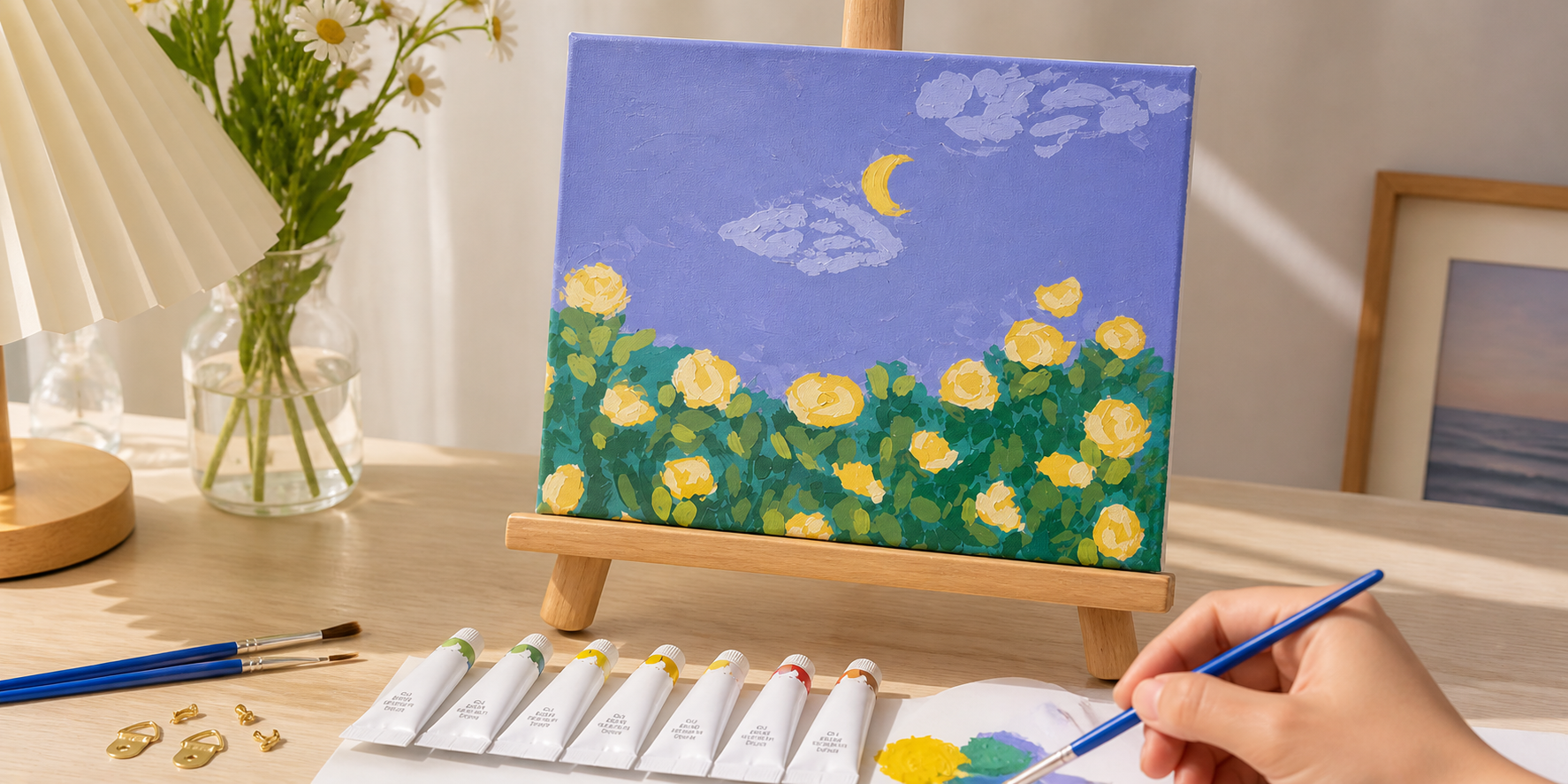 Mini DIY canvas painting kit with yellow rose garden under a crescent moon on a small wooden easel, shown in use with hand painting and acrylic paint tubes on a desk
