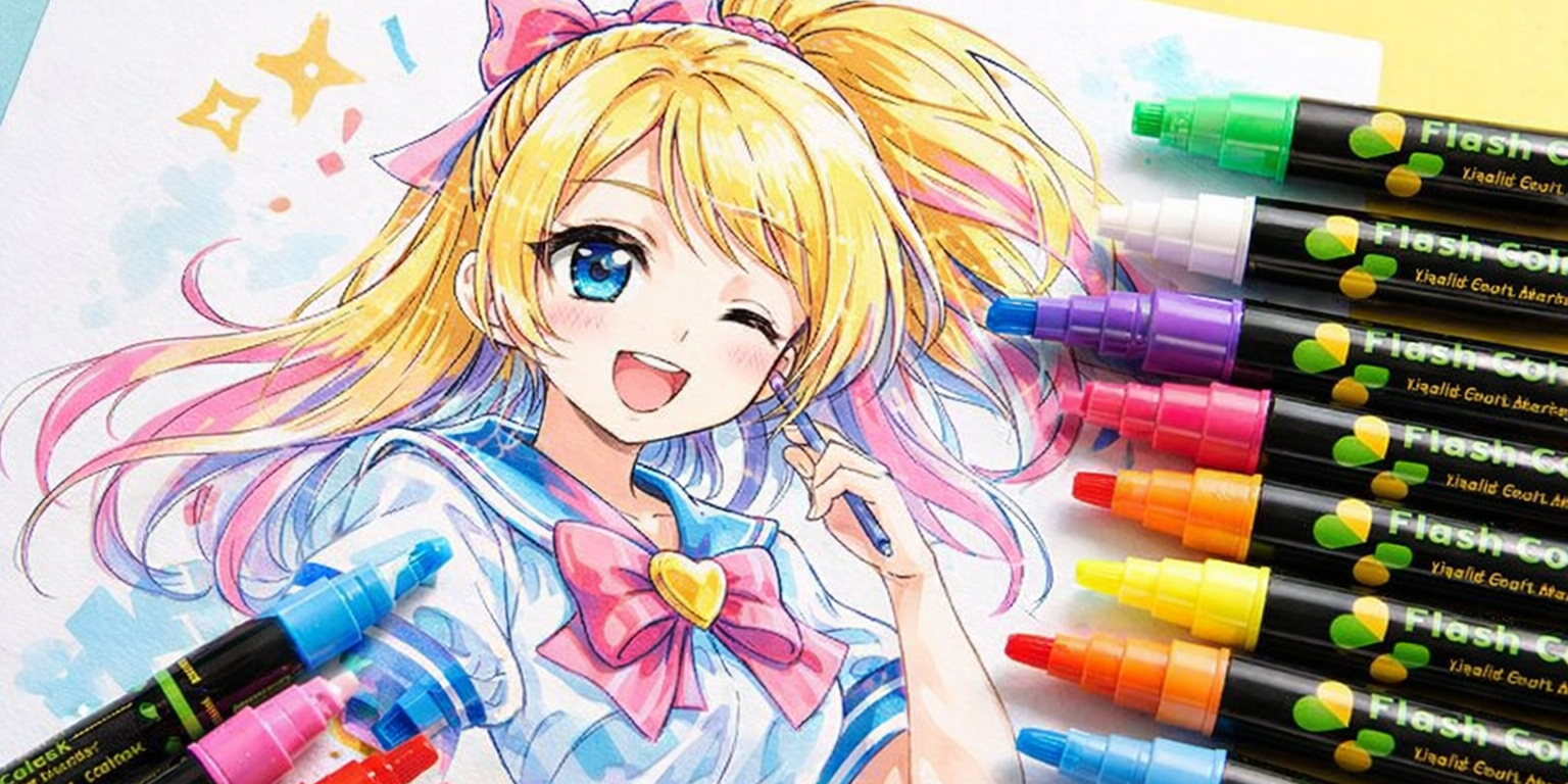 Colourful watercolour markers arranged beside an anime drawing, actively used to create detailed, vibrant illustration with bright tones