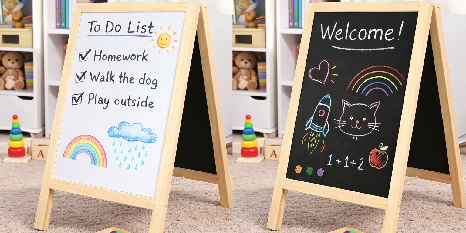 Wooden A-frame double-sided chalkboard easel with whiteboard and blackboard sides featuring colorful chalk drawings and notes