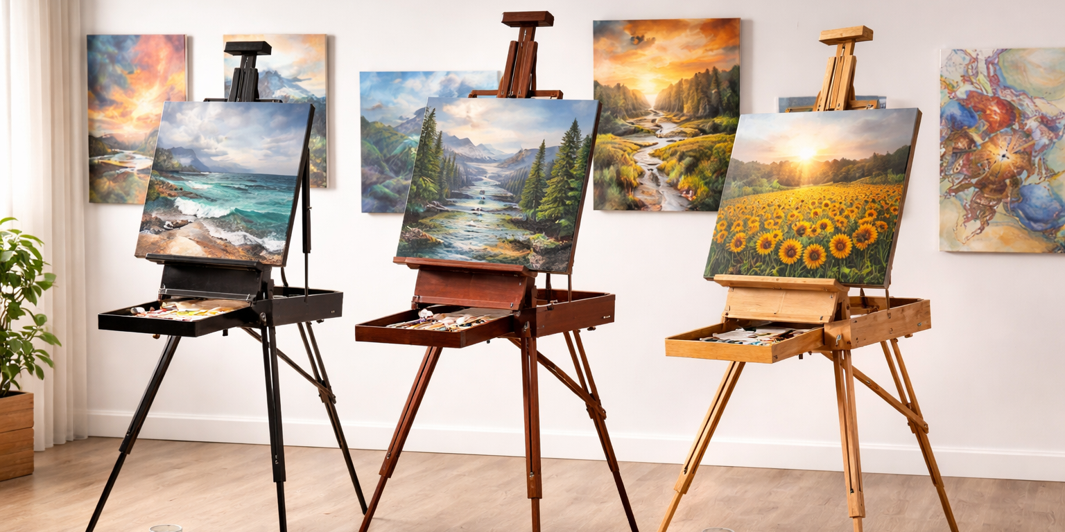 Three wooden artist easels in different finishes displayed in an art gallery, each holding a painting and surrounded by various artworks and painting supplies