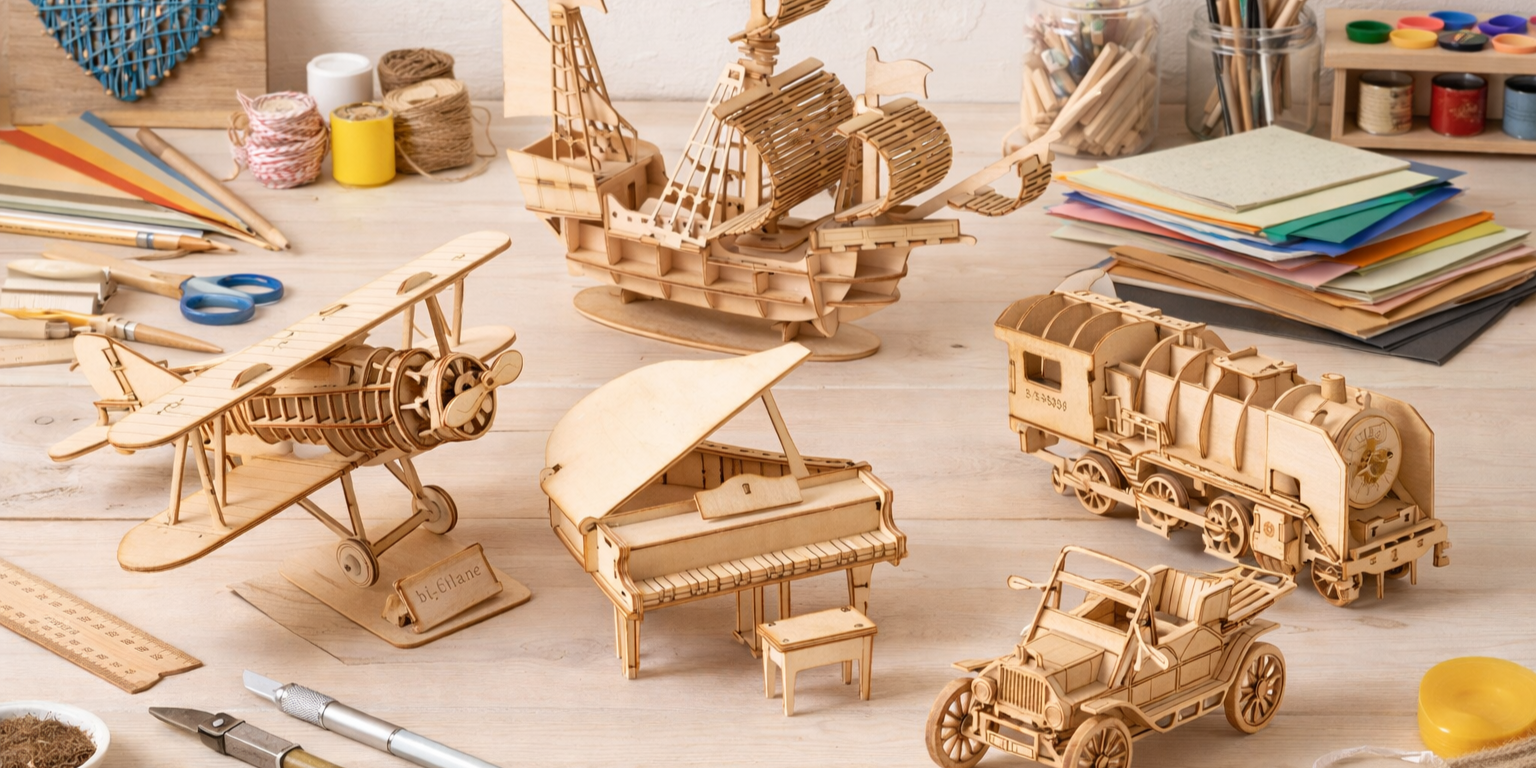 Five wooden DIY model kits including a plane, ship, piano, train, and vintage car displayed on a craft table surrounded by tools and materials