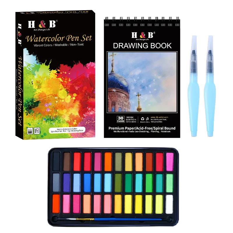 Solid watercolour paint set 40-piece kit with sketchbook and water pens