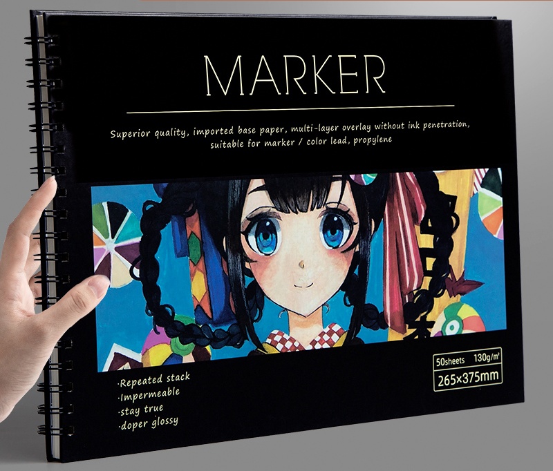 Spiral-bound marker pad with anime-style blue-eyed character artwork on the cover