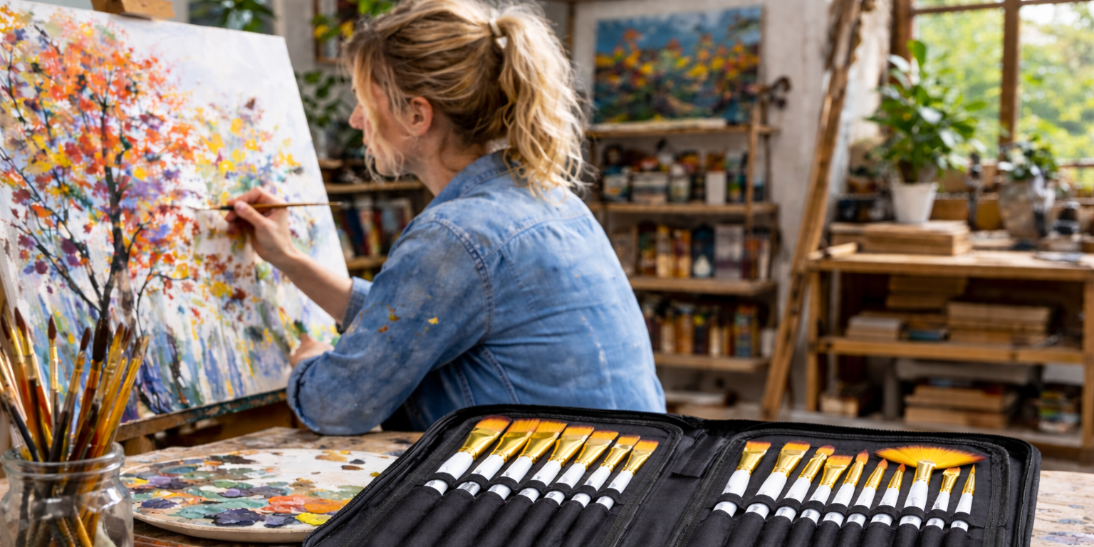 Artist painting on canvas in a studio with nylon paint brush set laid flat on table in open case