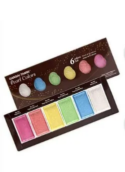 Starry Pearl watercolour paint set with six shimmering pastel colours in a rectangular palette with matching swatches on the lid