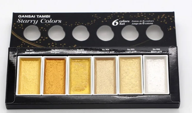 Starry Gold watercolour paint set with six metallic gold shades in a rectangular palette with labelled colour pans and decorative lid design