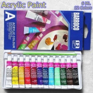 Acrylic paint set with brush showing 12 colour tubes, packaging and palette with mixed paints