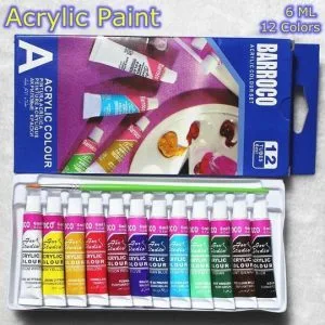 Acrylic paint set with brush showing 12 colour tubes, packaging and palette with mixed paints