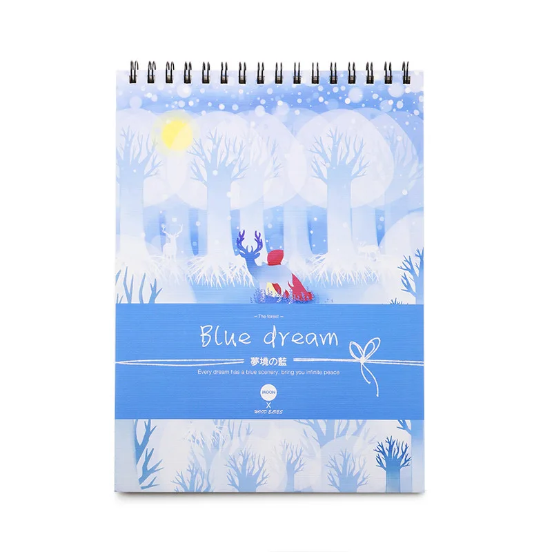 Illustrated sketchbook with blue deer dreamlike artwork