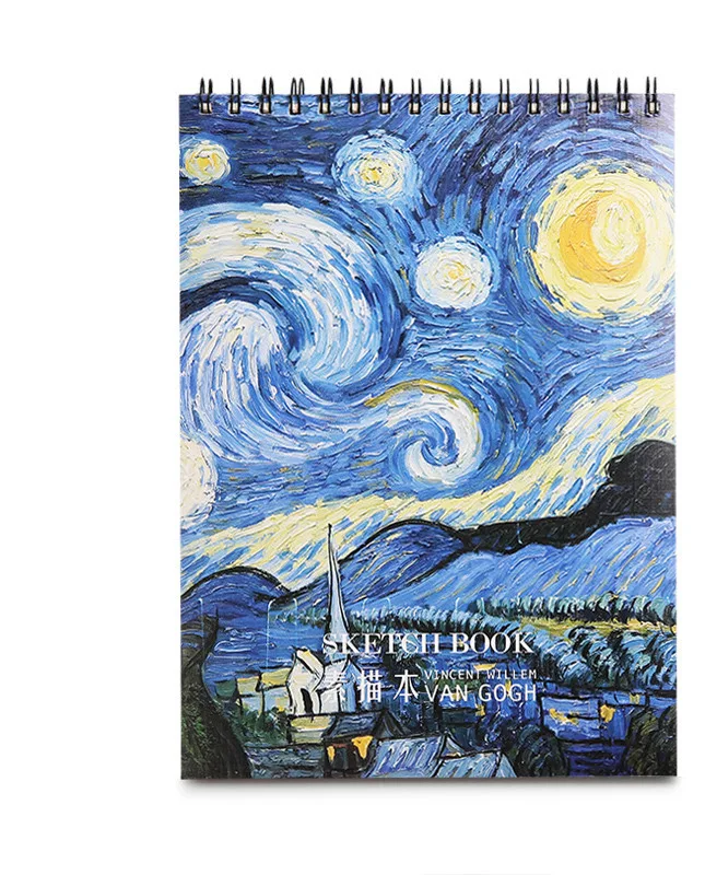 Illustrated sketchbook with starry sky night scene cover