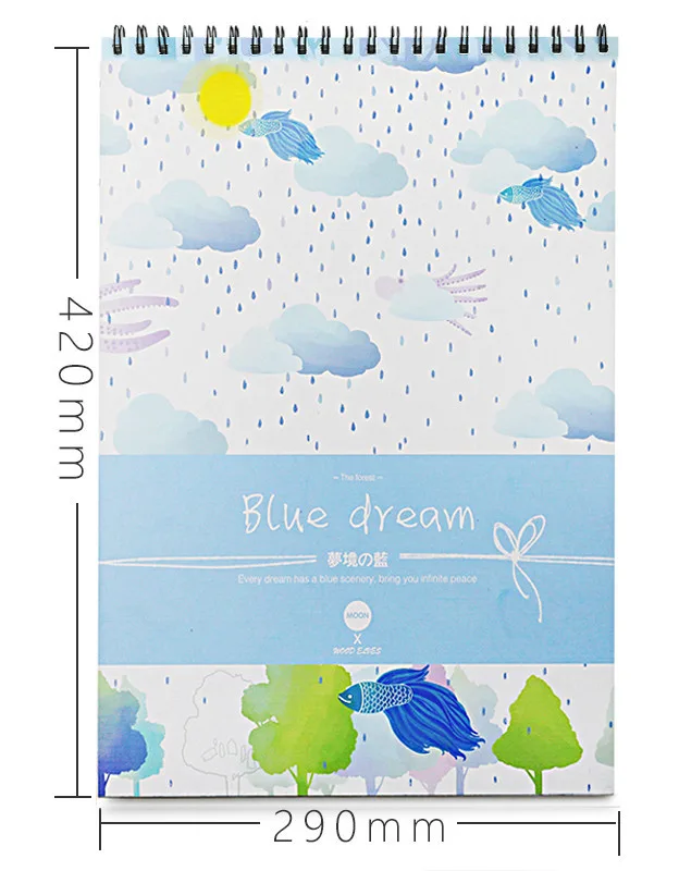 Illustrated sketchbook with blue rain dreamlike scene