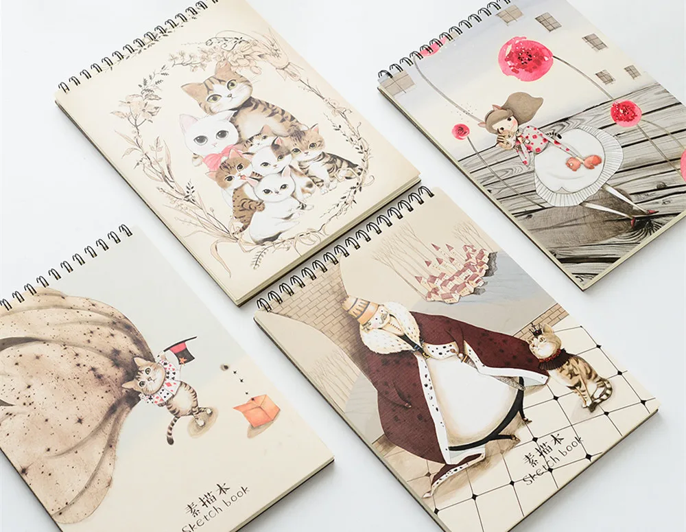 Illustrated sketchbook with artistic cat illustration cover