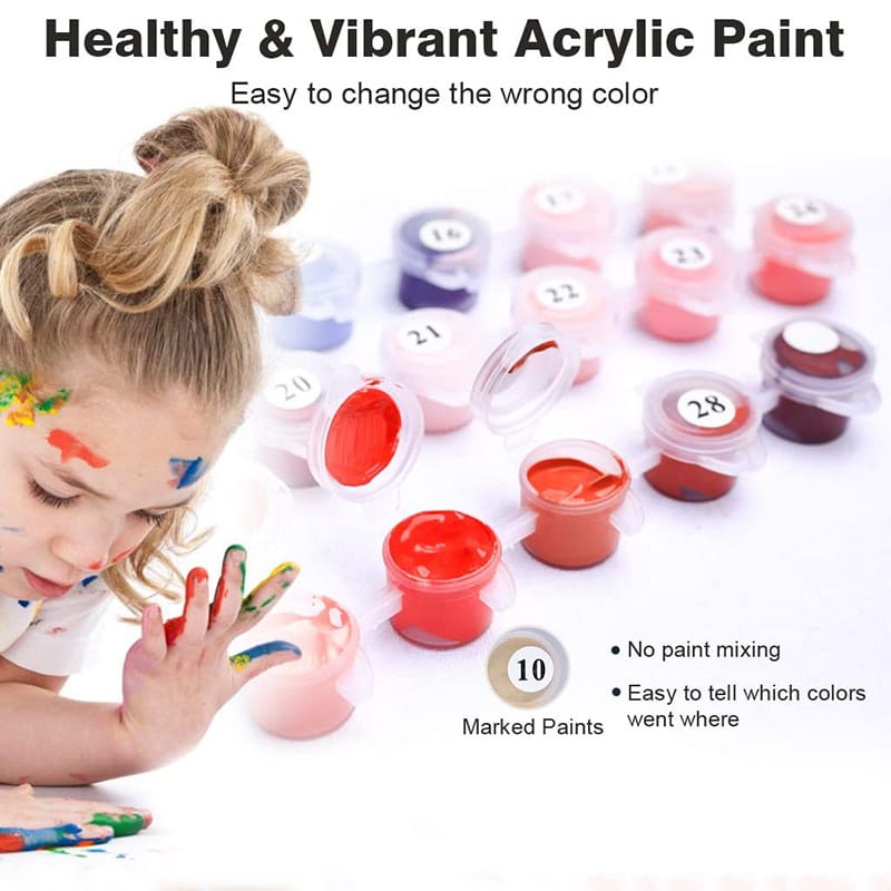 Sunset paint by numbers kit with numbered paint pots and colours prepared for painting