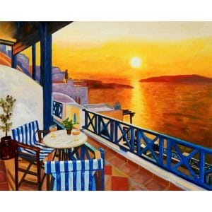 Sunset paint by numbers kit finished artwork showing balcony view over ocean at sunset