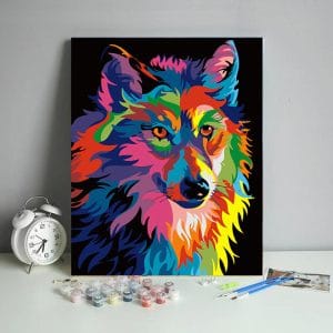 Wolf paint by numbers kit pre-numbered canvas close-up showing sections