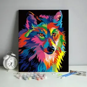 Wolf paint by numbers kit pre-numbered canvas close-up showing sections