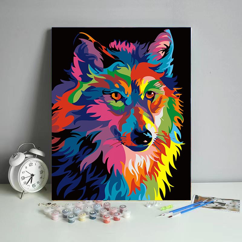 Wolf paint by numbers kit pre-numbered canvas close-up showing sections