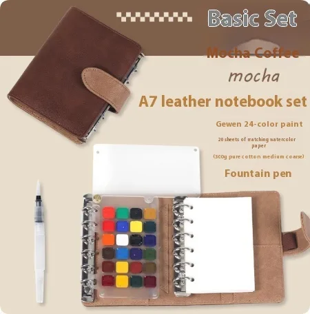 A7 ring-bound watercolour notebook with leather cover in Mocha Coffee Basic Set