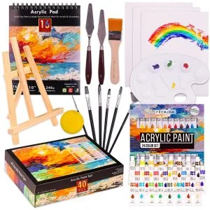 Acrylic paint set with 24 colour tubes, brushes, palette and tabletop easel