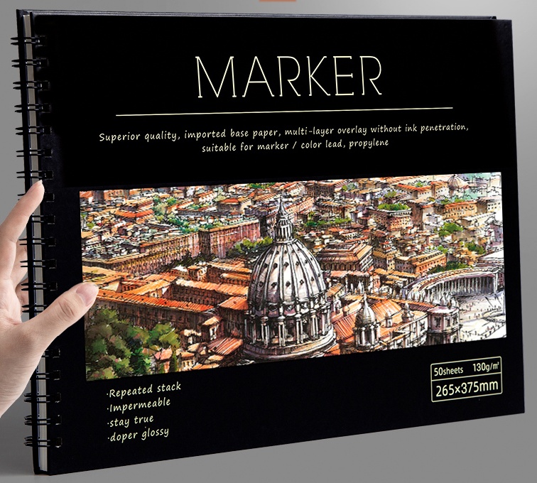 Spiral-bound marker pad with European cityscape illustration and domed architecture on the cover
