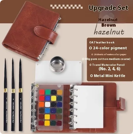A7 ring-bound watercolour notebook with leather cover in Hazelnut Brown Upgrade Set
