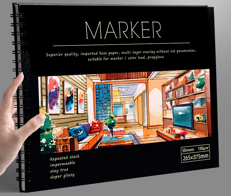 Spiral-bound marker pad featuring a modern living room interior illustration on the cover