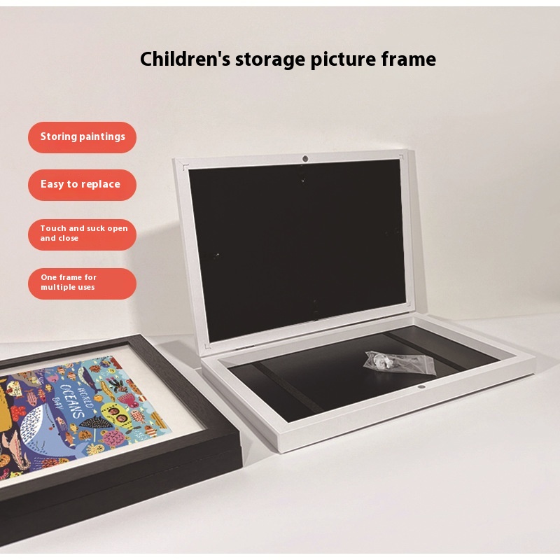 A4 magnetic shadow frame open showing deep interior storage compartment