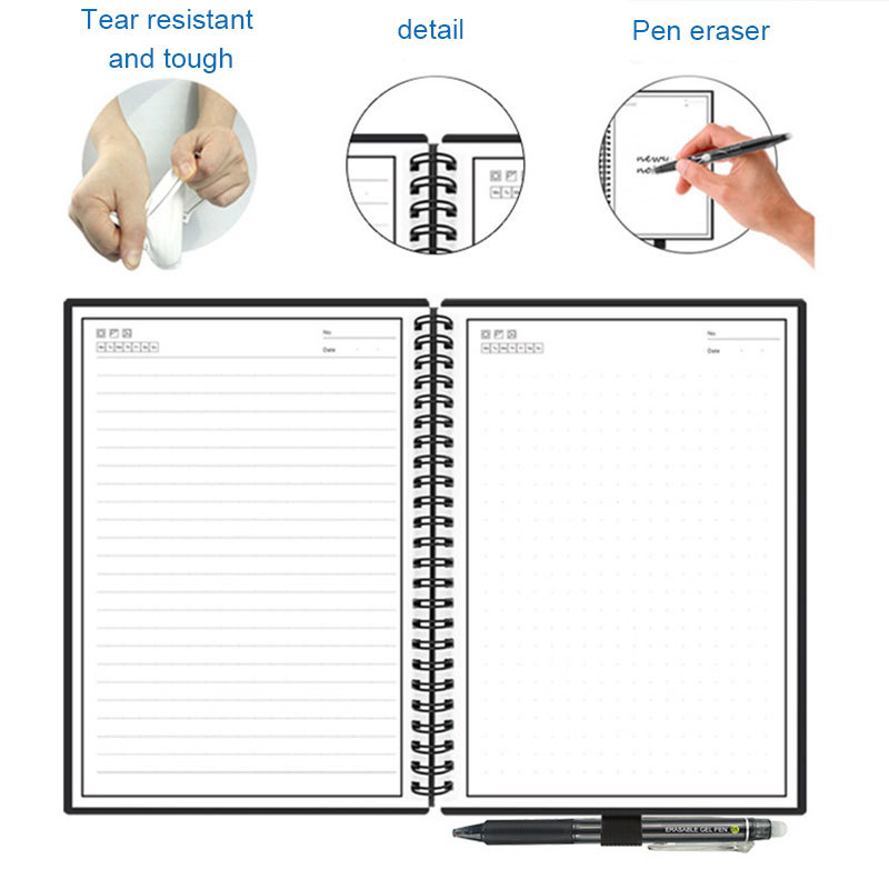 Erasable reusable notebook spiral binding detail close-up