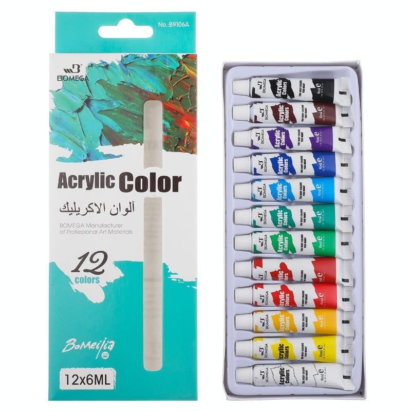 12 colour paint set acrylic tubes in compact packaging on white background
