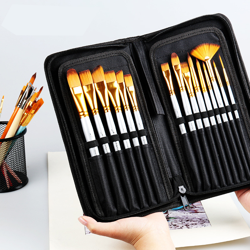 Short handle brush set flat round angled and fan brush shapes laid out