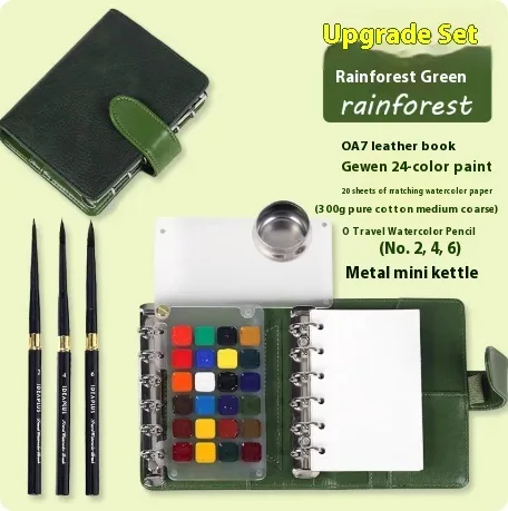 A7 ring-bound watercolour notebook with leather cover in Rainforest Green Upgrade Set