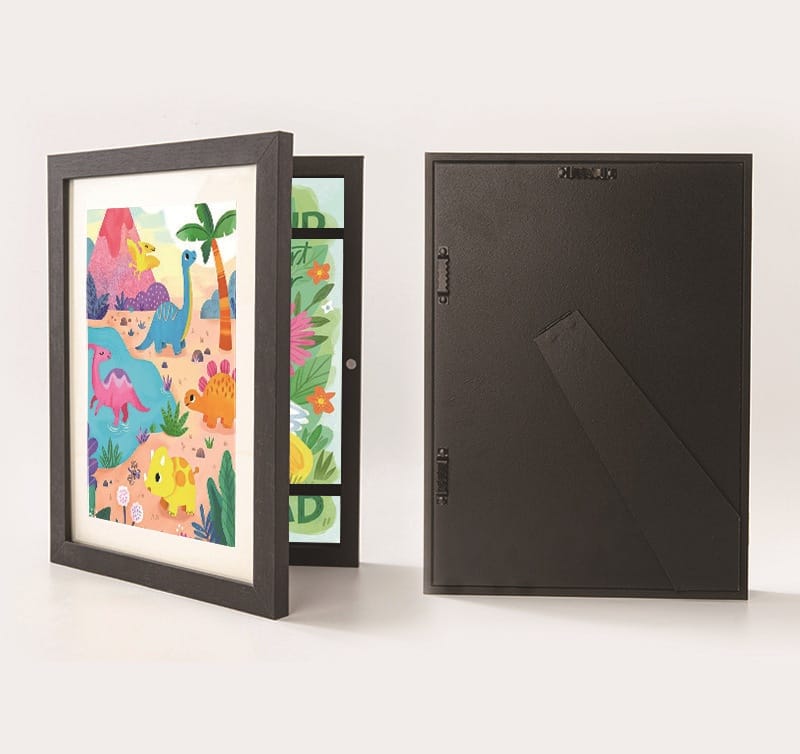 A4 magnetic shadow frame in black with hinged magnetic front panel