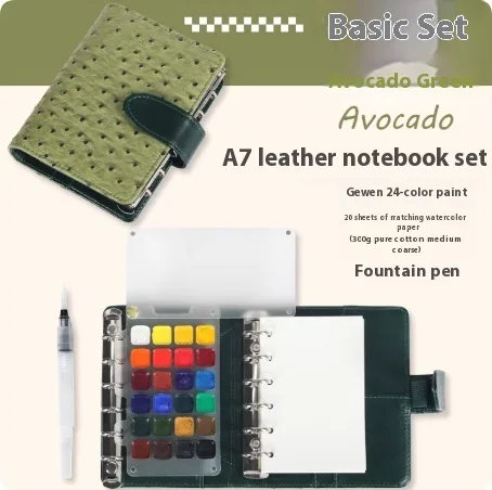 A7 ring-bound watercolour notebook with leather cover in Avocado Green Basic Set