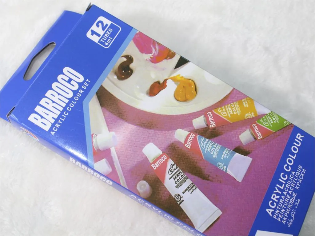 Acrylic paint set with brush packaging showing 12 colour tubes and palette artwork