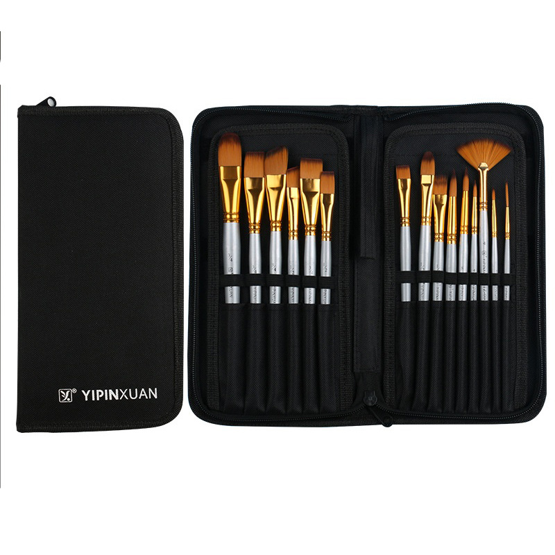 15 piece short handle brush set in cloth zip case on white background