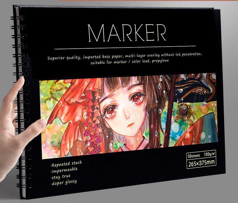 Spiral-bound marker pad with anime-style character holding a red umbrella on the cover