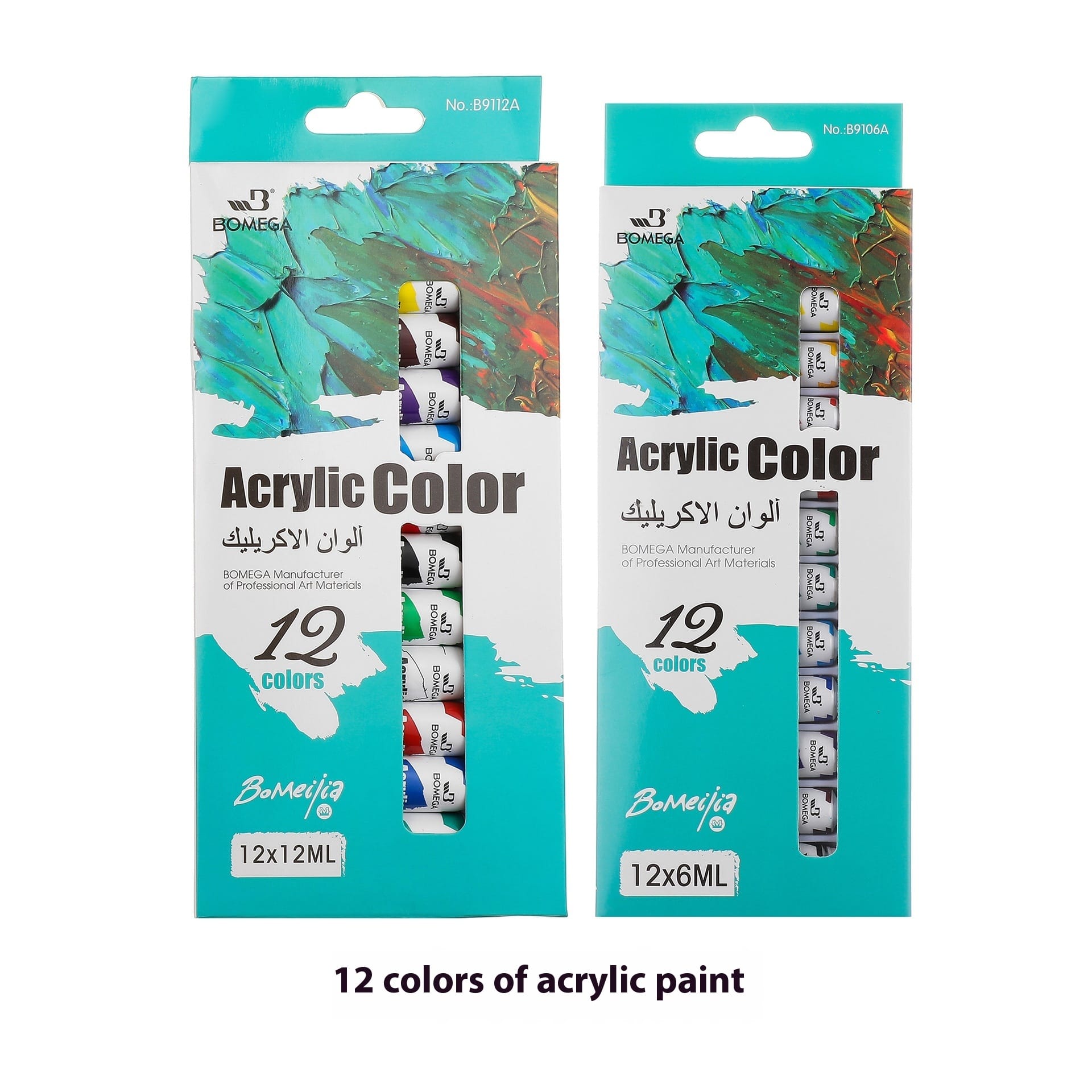 Two boxed 12-colour acrylic paint sets with small tubes visible through front packaging, available in 6ml and 12ml sizes