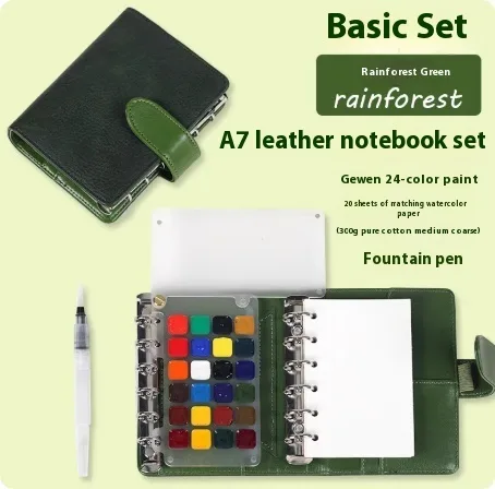 A7 ring-bound watercolour notebook with leather cover in Rainforest Green Basic Set