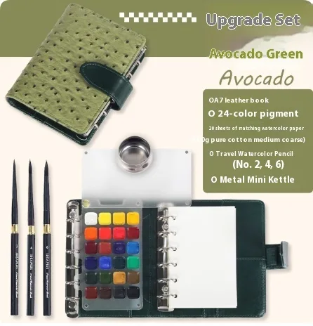 A7 ring-bound watercolour notebook with leather cover in Avocado Green Upgrade Set