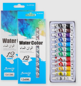 12 colour paint set watercolour tubes laid flat on white background
